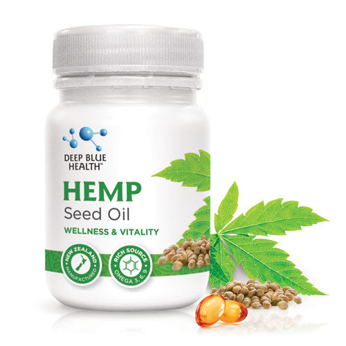 A white plastic bottle labeled Hemp Seed Oil: Wellness & Vitality displays hemp leaves and seeds, with capsules at its base. It highlights New Zealand craftsmanship and emphasizes Omega 3 and Omega 6 richness.