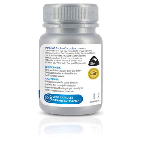 The Immuno 5+ Sea Cucumber capsules come in a silver bottle with a white label that lists ingredients, usage directions, and displays a GMP certification logo. Enhance immunity with its vitamins, minerals, and triterpenoids.