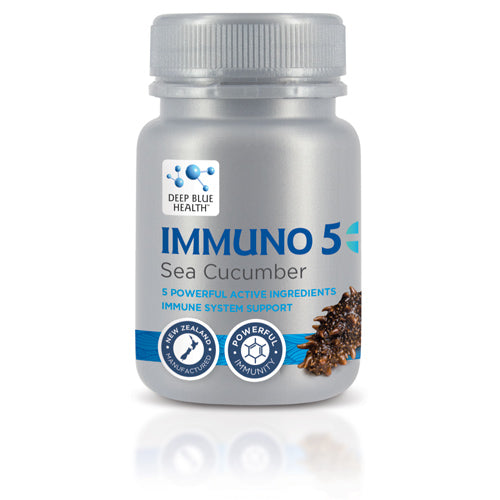 A silver bottle of Immuno 5+ Sea Cucumber by Deep Blue Health displays a sea cucumber image on its label, highlighting 5 Powerful Active Ingredients and Immune System Support, enhanced with triterpenoids and a New Zealand quality seal.