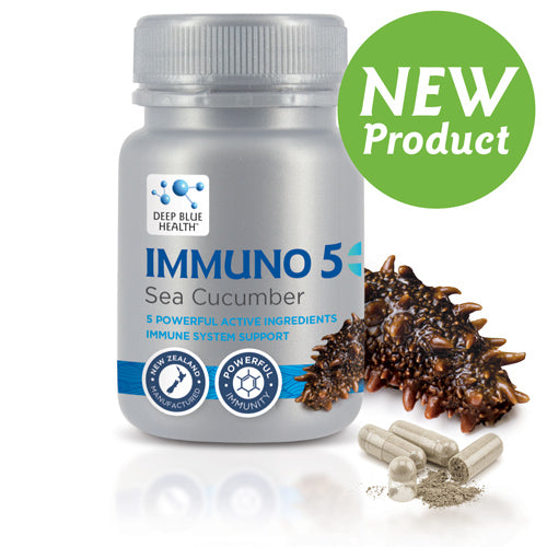 A silver Immuno 5+ Sea Cucumber bottle shows capsules next to a sea cucumber, with 5 Powerful Active Ingredients including triterpenoids for immunity support. A green circle says New Product from Deep Blue Health.