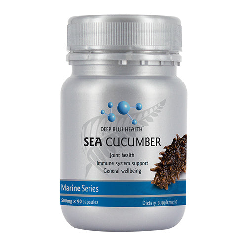 A bottle of Sea Cucumber dietary supplement has 90 capsules enriched with Chondroitin Sulphate, promoting joint health, immune support, and overall wellbeing. Its presented in a white bottle with a sleek blue and silver design.