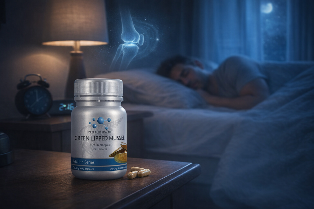 Deep Blue Health Green Lipped Mussel bottle on a bedside table at night — sleep and joint recovery