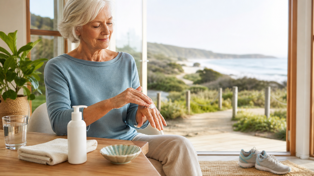 Active older adult applying joint creme to the hand beside walking shoes, water and an unbranded pump bottle near a coastal path.