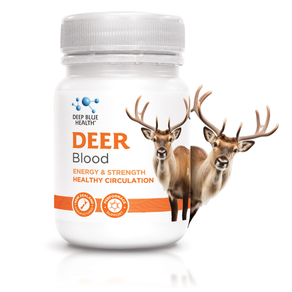 Deer Blood bottle with deer — Deep Blue Health NZ deer blood supplement