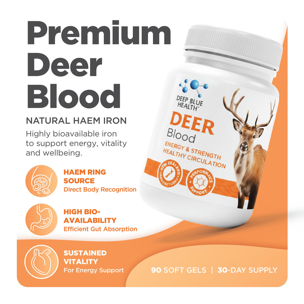 Deer Blood — premium NZ haem iron supplement with benefit callouts