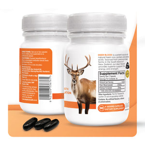 Deer Blood bottle — 90 x 1000mg capsules, supplement facts panel
