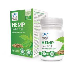 A package of Deep Blue Health Hemp Seed Oil capsules, featuring a green leaf design, contains 60 capsules of 1000mg each. Rich in Omega 3 and Omega 6, it promotes wellness and vitality.