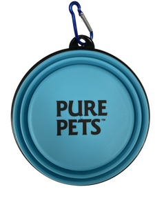 Blue collapsible pet travel bowl with PURE PETS branding and carabiner clip on white background