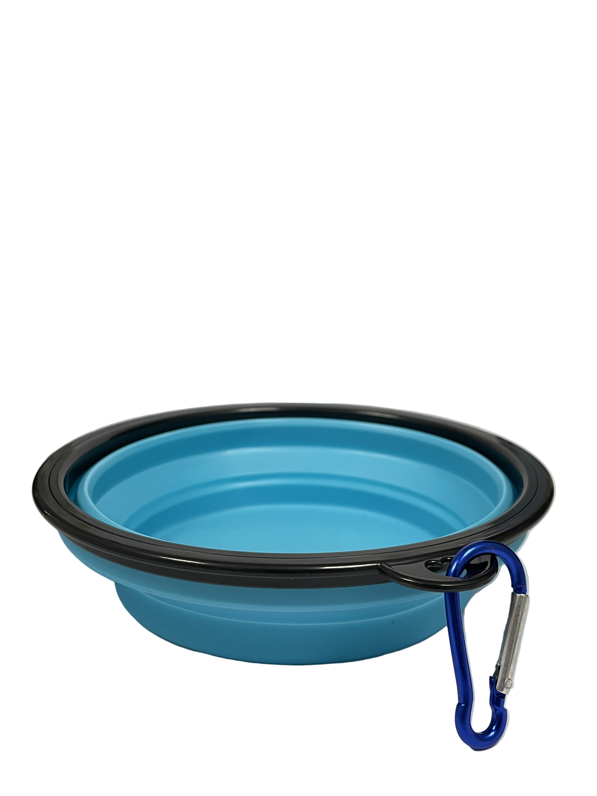 Blue collapsible pet bowl with black rim and blue carabiner on white background