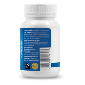 A white bottle labeled with a blue tag shows directions, cautions, and a quality guarantee for Krill Oil Omega-3 supplement. It features manufacturing info, certification logos, and Made in New Zealand, emphasizing its pristine Antarctic water source. Part of the Marine Series.