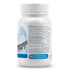 A white Krill Oil bottle with blue accents features omega-3, antioxidants, and immune support. With 60 capsules of 1500mg supplement, its derived from sustainably harvested krill from Antarctic waters.