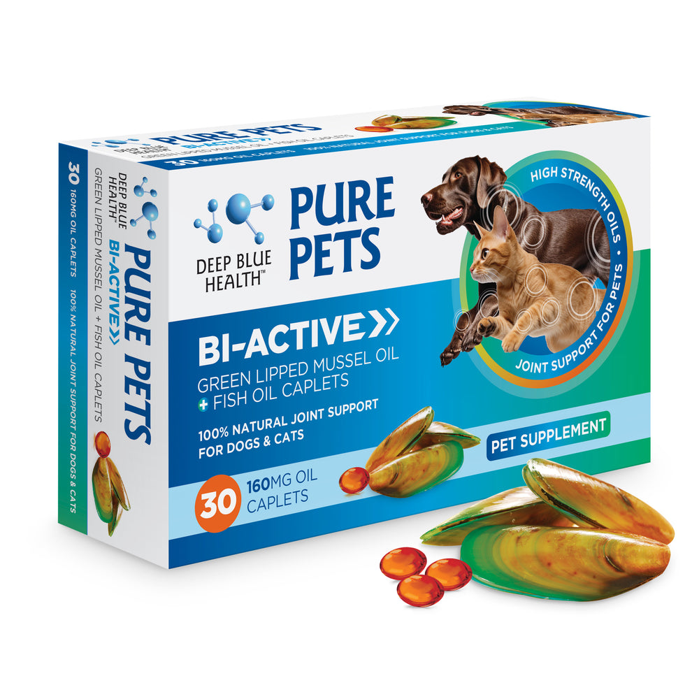 Box of Pure Pets Bi-Active oil caplets with green-lipped mussel and fish oil packaging and mussels on white background