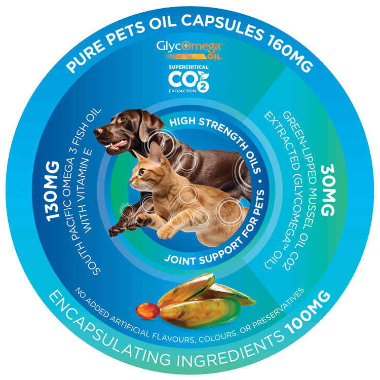 Circular infographic illustrating Pure Pets Bi-Active oil caplets ingredients: 130mg supercritical omega-3 fish oil, 30mg green-lipped mussel oil, glycomega oil, joint support for pets, with dog, cat and mussel on blue circle