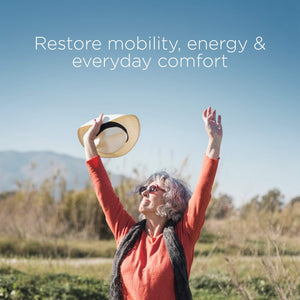 Person in a red sweater and sunglasses holding a hat with text about restoring mobility, energy, and comfort.