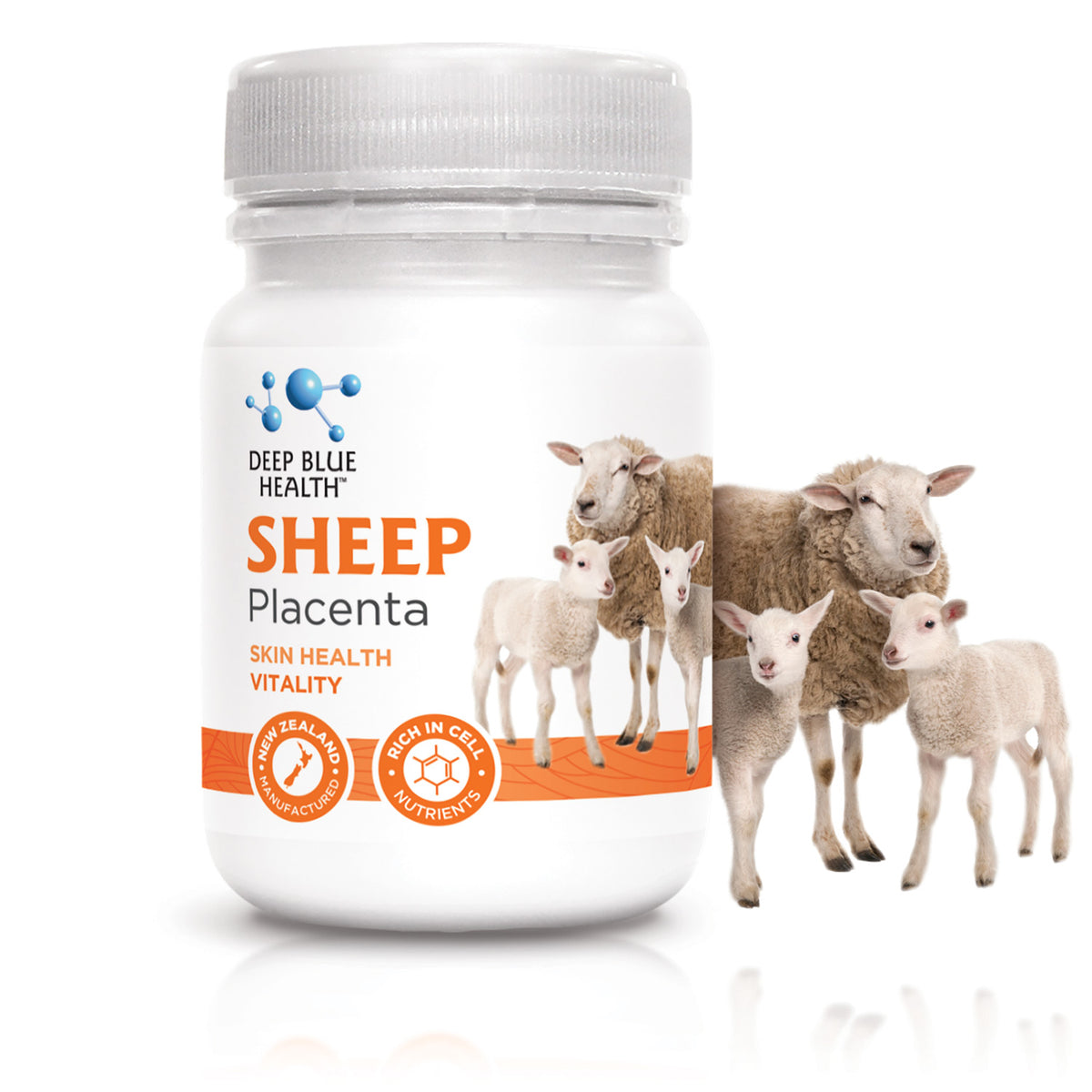 Sheep Placenta bottle with sheep family — Deep Blue Health NZ supplement