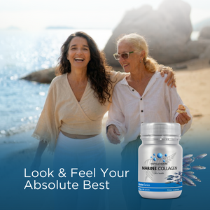 Two women smiling on a NZ beach holding Deep Blue Health Marine Collagen — skin health supplement