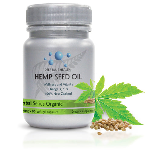 A silver bottle of Hemp Seed Oil highlights its wellness benefits and Omega 3 & 6 content. Adorned with green leaves and seeds, this organic herbal series contains 90 soft gel capsules filled with essential fatty acids.