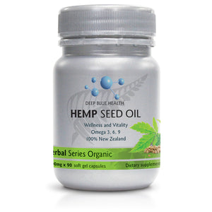 The Deep Blue Health Hemp Seed Oil bottle, part of the Herbal Series Organic, contains 90 soft gel capsules rich in essential fatty acids. Labels promote Wellness and Vitality, Omega 3 & Omega 6, and 100% New Zealand.