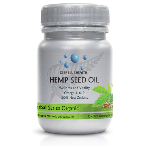 The Deep Blue Health Hemp Seed Oil bottle, part of the Herbal Series Organic, contains 90 soft gel capsules rich in essential fatty acids. Labels promote Wellness and Vitality, Omega 3 & Omega 6, and 100% New Zealand.
