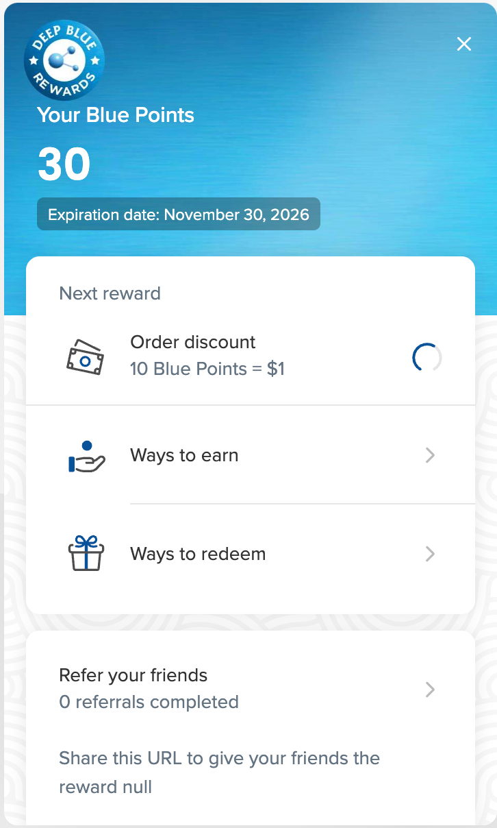 Deep Blue Rewards Club panel — showing Your Blue Points balance, order discount redemptions, ways to earn, and ways to redeem